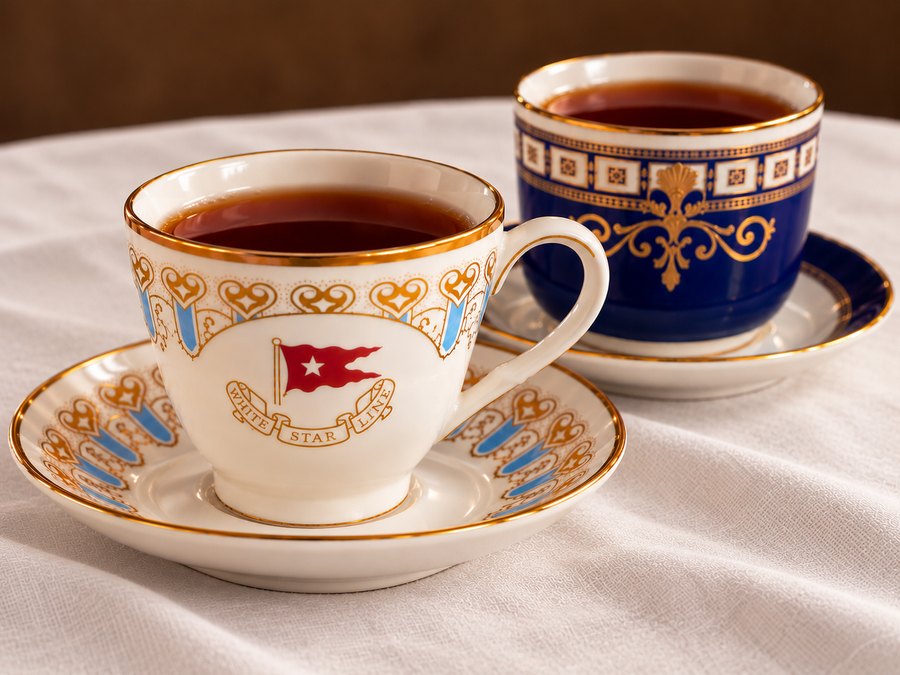 Replica White Star Line cups and saucers on a white linen table, the Wisteria pattern and the cobalt and gold
