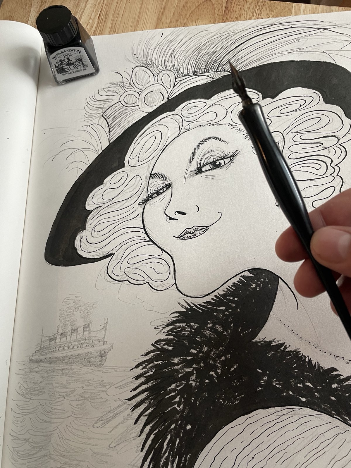 A commissioned portrait drawn by hand with a steel nib dip pen